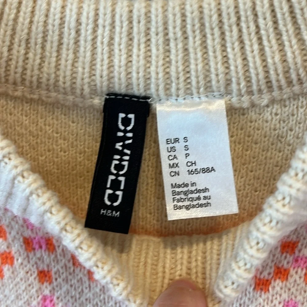🇪🇸🐠H&M Nordic sweater cropped crew neck patterned cream pink orange small BUDGET